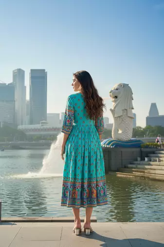 Sky blue  cotton with printed kurti