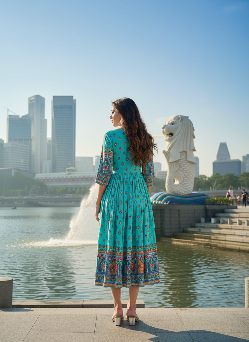 Sky blue  cotton with printed kurti