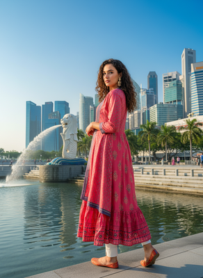 Red premium cotton with hand print light embroidered kurti 2