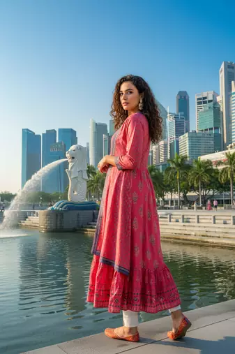 Red premium cotton with hand print light embroidered kurti