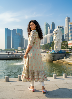 Cream  cotton with hand print light embroidered kurti 2