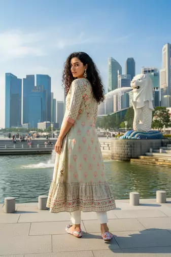 Cream  cotton with hand print light embroidered kurti
