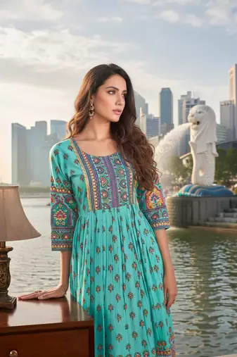 Sky blue  cotton with printed kurti