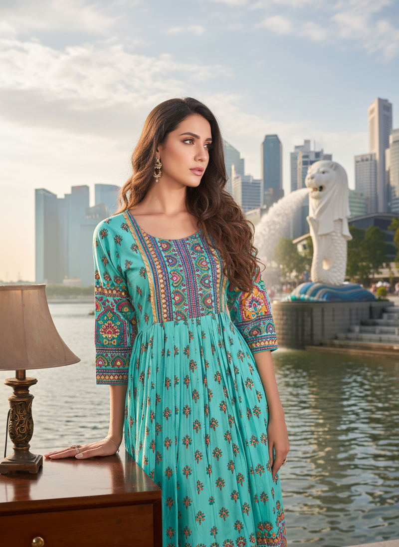 Sky blue  cotton with printed kurti