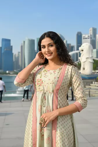 Cream  cotton with hand print light embroidered kurti