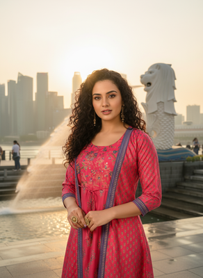 Red premium cotton with hand print light embroidered kurti 3