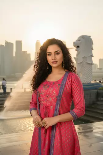 Red premium cotton with hand print light embroidered kurti