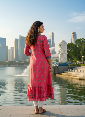 Red premium cotton with hand print light embroidered kurti 4