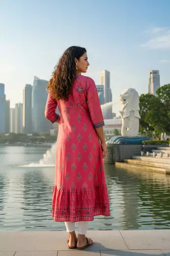 Red premium cotton with hand print light embroidered kurti