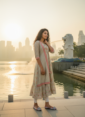 Cream  cotton with hand print light embroidered kurti 4