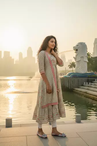 Cream  cotton with hand print light embroidered kurti