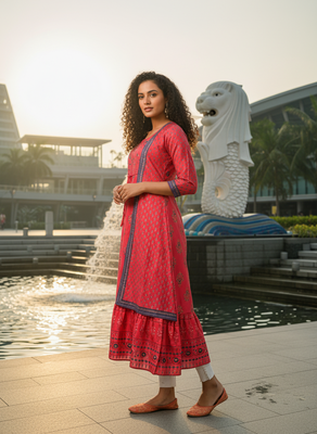 Red premium cotton with hand print light embroidered kurti 5