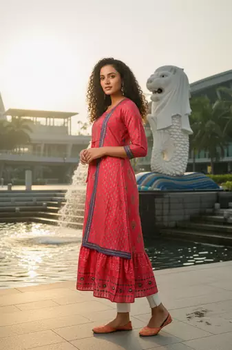 Red premium cotton with hand print light embroidered kurti