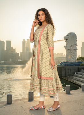 Cream  cotton with hand print light embroidered kurti 5