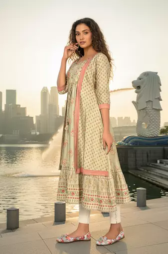 Cream  cotton with hand print light embroidered kurti