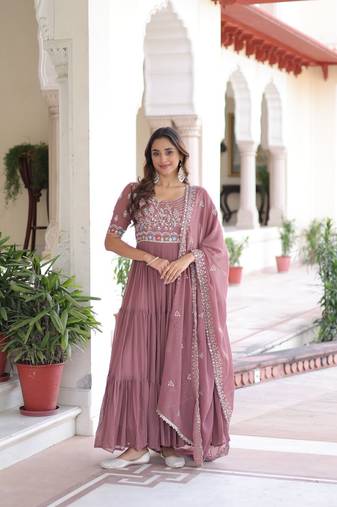 Onion Georgette Sequins & Beads Embroidery Gown with Dupatta