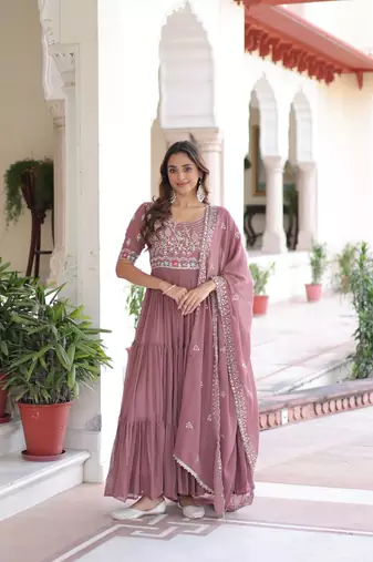 Onion Georgette Sequins & Beads Embroidery Gown with Dupatta