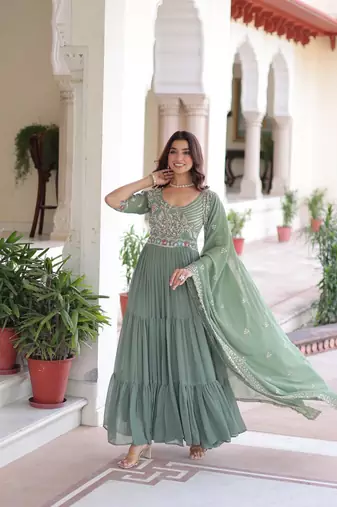 Sea Green Sequins & Thread Embroidery Gown with Dupatta