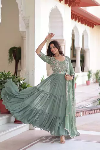 Sea Green Sequins & Thread Embroidery Gown with Dupatta