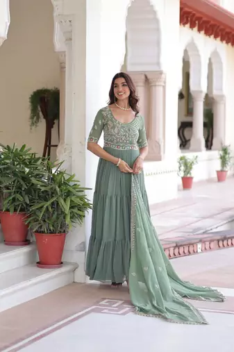 Sea Green Sequins & Thread Embroidery Gown with Dupatta