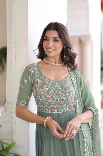 Sea Green Sequins & Thread Embroidery Gown with Dupatta