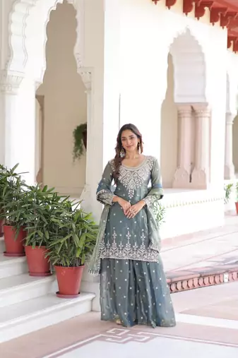 Grey Coding & Sequins Embroidered Sharara Set
