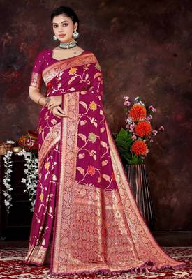 Magenta Dola Silk Saree with Traditional Zari & Multicolor Thread Work by Maharanga 1