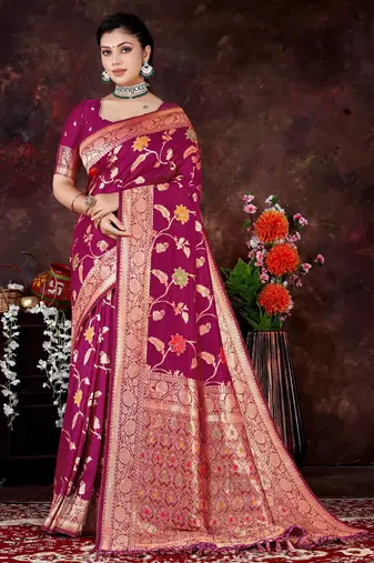 Magenta Dola Silk Saree with Traditional Zari & Multicolor Thread Work by Maharanga