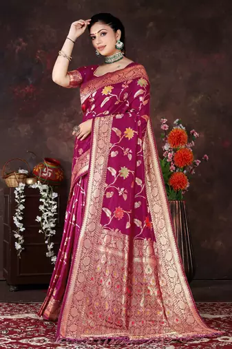 Magenta Dola Silk Saree with Traditional Zari & Multicolor Thread Work by Maharanga