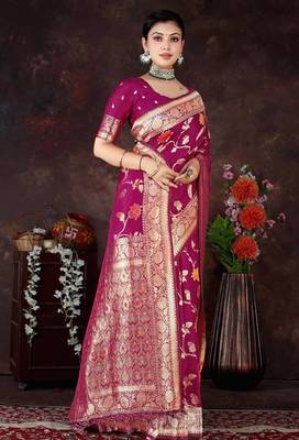 Magenta Dola Silk Saree with Traditional Zari & Multicolor Thread Work by Maharanga 3
