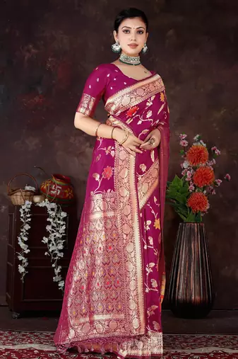 Magenta Dola Silk Saree with Traditional Zari & Multicolor Thread Work by Maharanga