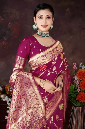 Magenta Dola Silk Saree with Traditional Zari & Multicolor Thread Work by Maharanga