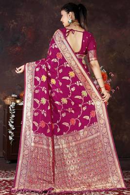 Magenta Dola Silk Saree with Traditional Zari & Multicolor Thread Work by Maharanga 5