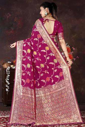 Magenta Dola Silk Saree with Traditional Zari & Multicolor Thread Work by Maharanga