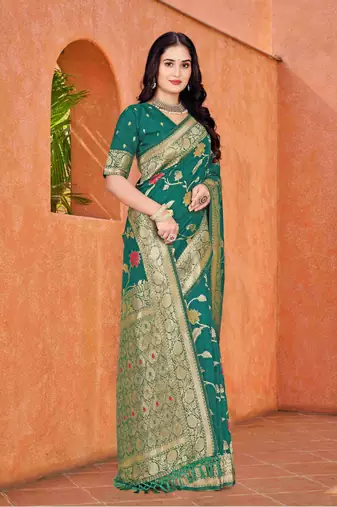 Emerald Green Dola Art Silk Saree with Traditional Zari Border and Designer Pallu By Maharanga