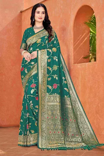 Emerald Green Dola Art Silk Saree with Traditional Zari Border and Designer Pallu By Maharanga