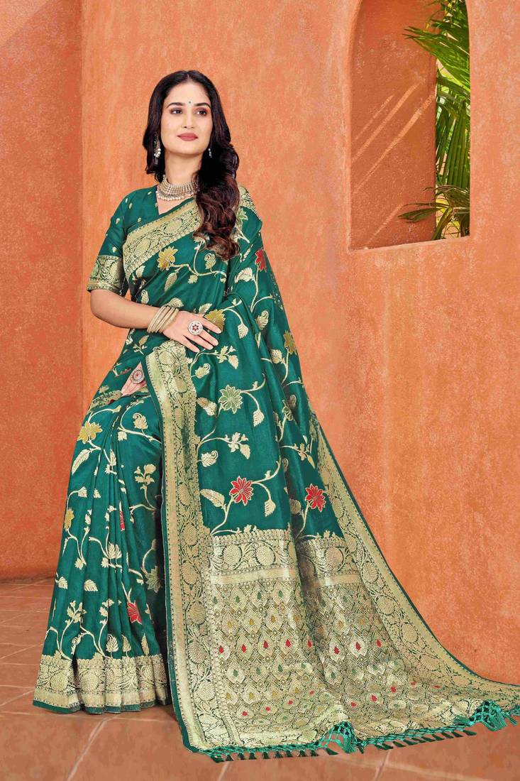 Emerald Green Dola Art Silk Saree with Traditional Zari Border and Designer Pallu By Maharanga