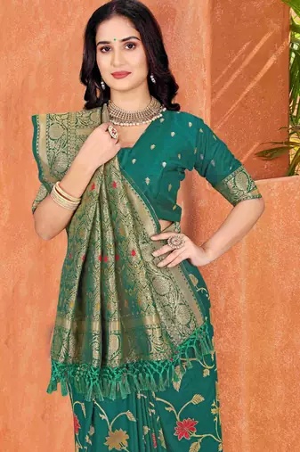Emerald Green Dola Art Silk Saree with Traditional Zari Border and Designer Pallu By Maharanga