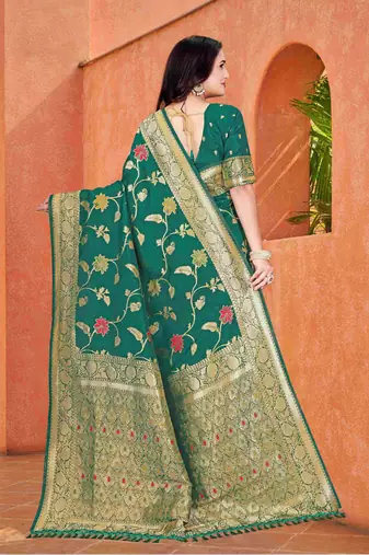 Emerald Green Dola Art Silk Saree with Traditional Zari Border and Designer Pallu By Maharanga