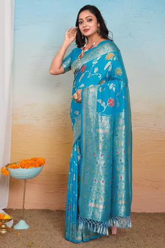 Sky Blue Dola Art Silk Saree with Rich Zari Weaving & Floral Thread Work by Maharanga