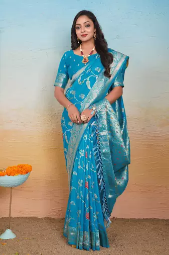 Sky Blue Dola Art Silk Saree with Rich Zari Weaving & Floral Thread Work by Maharanga