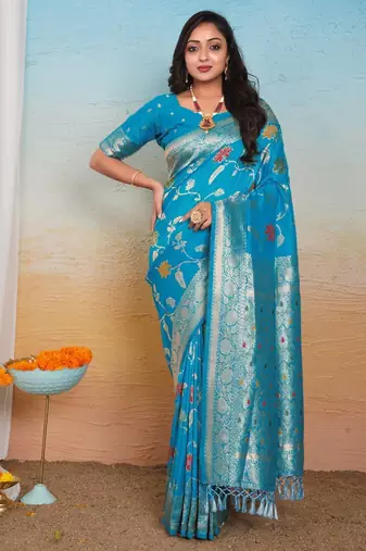 Sky Blue Dola Art Silk Saree with Rich Zari Weaving & Floral Thread Work by Maharanga