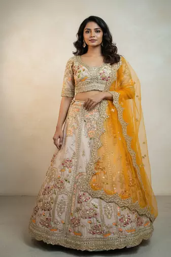 Light Brown French Crepe Silk Sequin work Lehenga With Foil Mirror Work