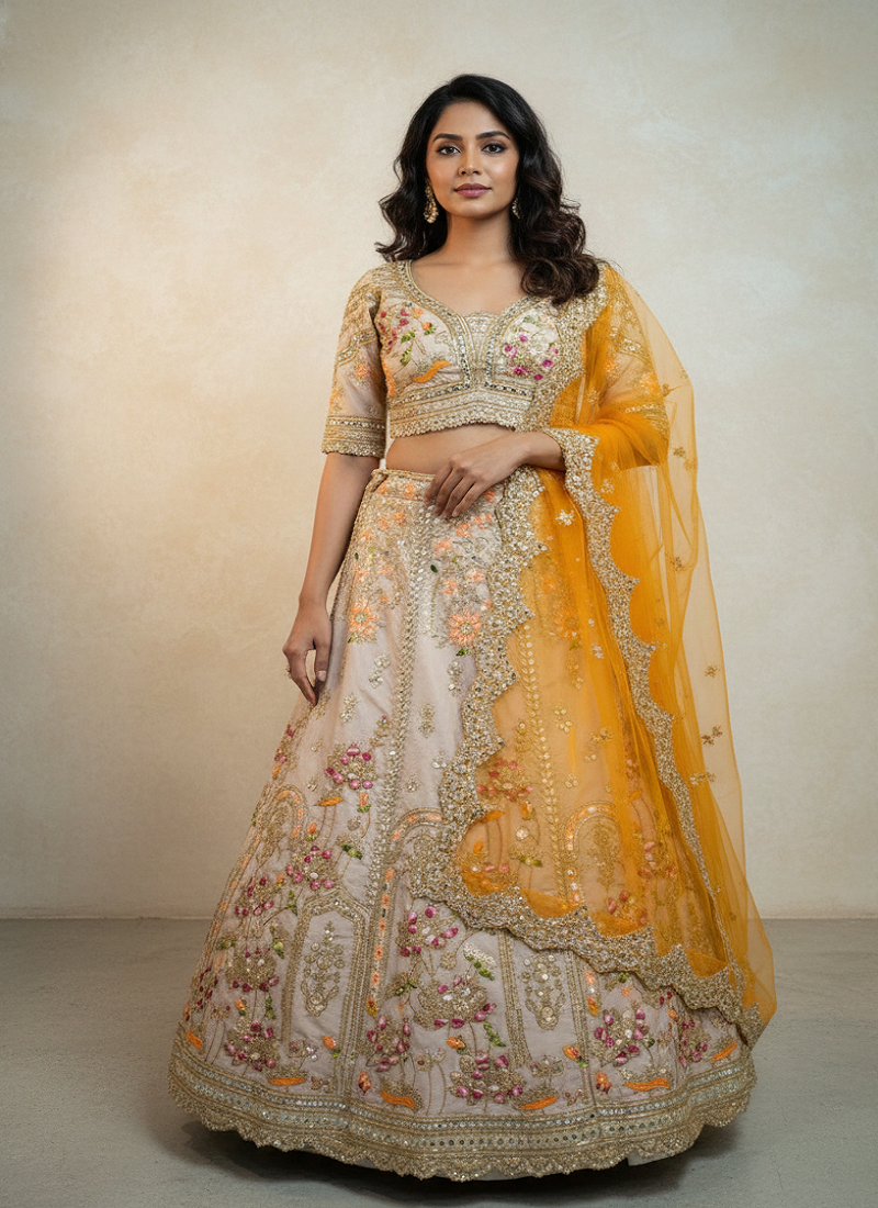 Light Brown French Crepe Silk Sequin work Lehenga With Foil Mirror Work