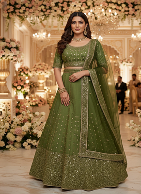 Olive green Vichitra Silk Sequin work Lehenga Set with dupatta 1