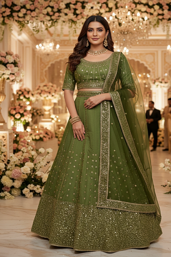 Olive green Vichitra Silk Sequin work Lehenga Set with dupatta