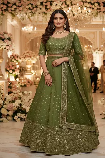 Olive green Vichitra Silk Sequin work Lehenga Set with dupatta