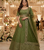 Olive green Vichitra Silk Sequin work Lehenga Set with dupatta