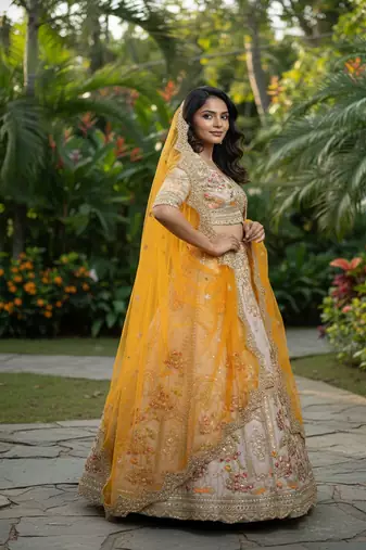 Light Brown French Crepe Silk Sequin work Lehenga With Foil Mirror Work