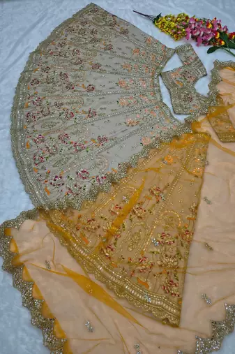 Light Brown French Crepe Silk Sequin work Lehenga With Foil Mirror Work